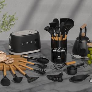 Kitchen Cooking Utensils Set, 33 Pcs Non-Stick Utensils Spatula Set with Holder, Black Wooden Handle Silicone Kitchen Gadgets Utensil Set Umite Chef