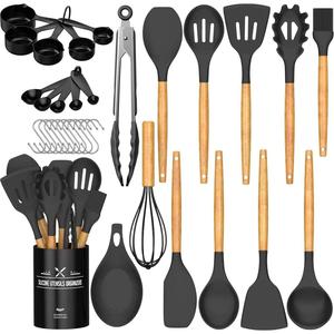 Kitchen Cooking Utensils Set, 33 Pcs Non-Stick Utensils Spatula Set with Holder, Black Wooden Handle Silicone Kitchen Gadgets Utensil Set Umite Chef