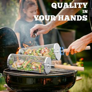 2 Pcs Nesting Grill Basket Set with Removable Wooden Handles – 304 Stainless Steel Rolling Net for Grilling Vegetables, Shrimp, BBQ, and Camping