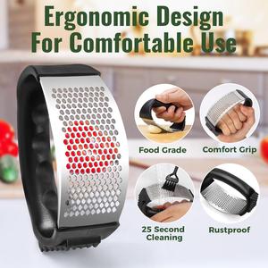 Garlic Press Rocker, Stainless Steel Garlic Mincer and Garlic Crusher, Easy-Squeeze Garlic Tool with Peeler and Cleaning Brush for Smashing Garlic Pomyter