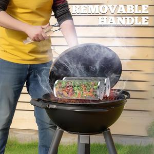 2 Pcs Nesting Grill Basket Set with Removable Wooden Handles – 304 Stainless Steel Rolling Net for Grilling Vegetables, Shrimp, BBQ, and Camping