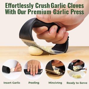 Garlic Press Rocker, Stainless Steel Garlic Mincer and Garlic Crusher, Easy-Squeeze Garlic Tool with Peeler and Cleaning Brush for Smashing Garlic Pomyter