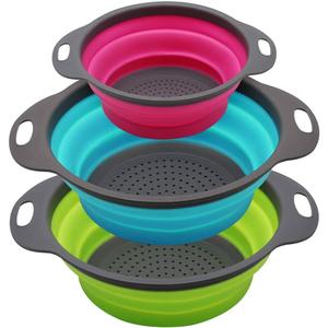 3-Pcs Collapsible Silicone Colander Set – Green, Blue & Purple Strainers (2x 4QT, 1x 2QT) for Easy Draining of Pasta, Veggies & Fruits