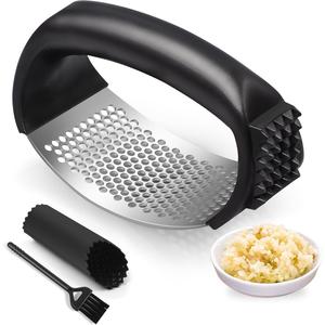 Garlic Press Rocker, Stainless Steel Garlic Mincer and Garlic Crusher, Easy-Squeeze Garlic Tool with Peeler and Cleaning Brush for Smashing Garlic Pomyter