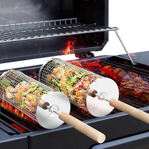 2 Pcs Nesting Grill Basket Set with Removable Wooden Handles – 304 Stainless Steel Rolling Net for Grilling Vegetables, Shrimp, BBQ, and Camping