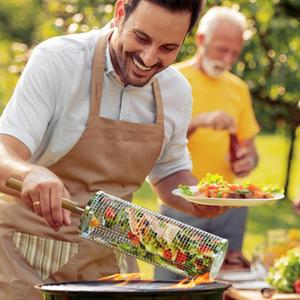 2 Pcs Nesting Grill Basket Set with Removable Wooden Handles – 304 Stainless Steel Rolling Net for Grilling Vegetables, Shrimp, BBQ, and Camping